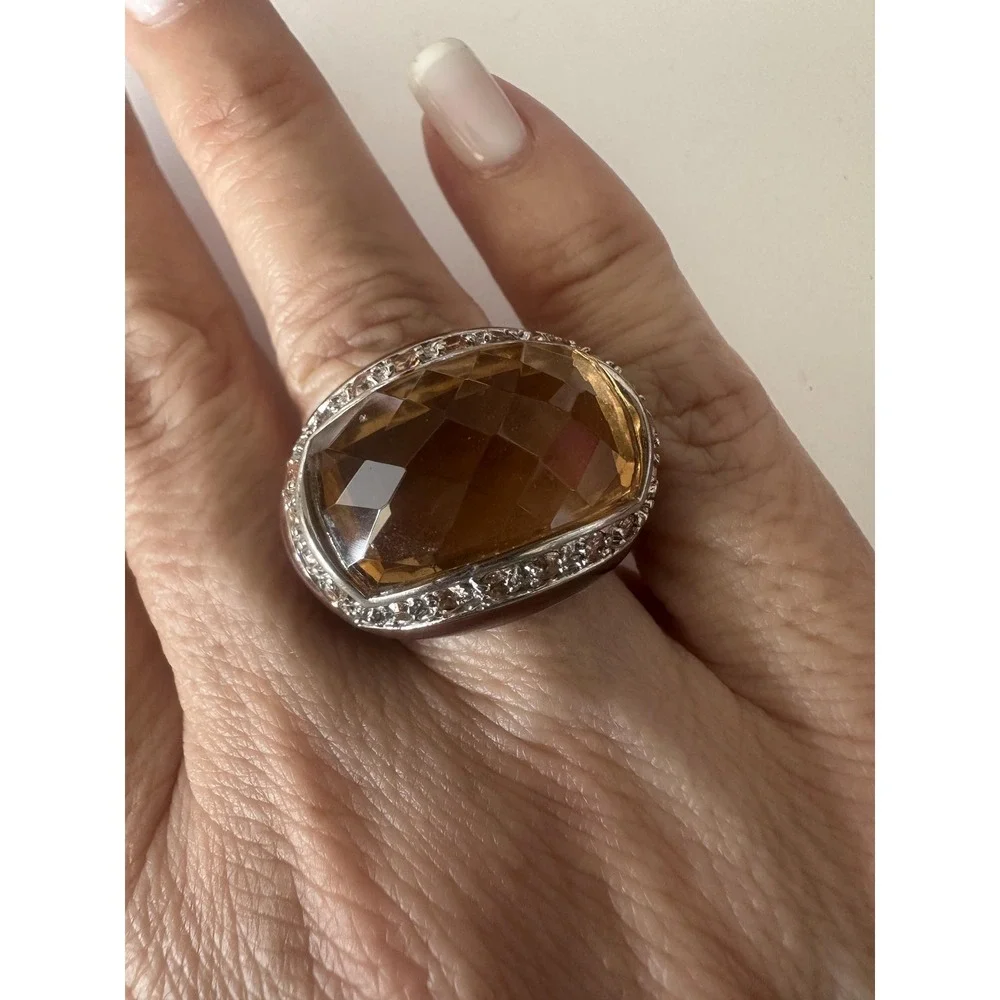 Brown Resin Dome Cocktail Ring Sz 7 Topaz Rhinestone Silver Tone Statement Rare